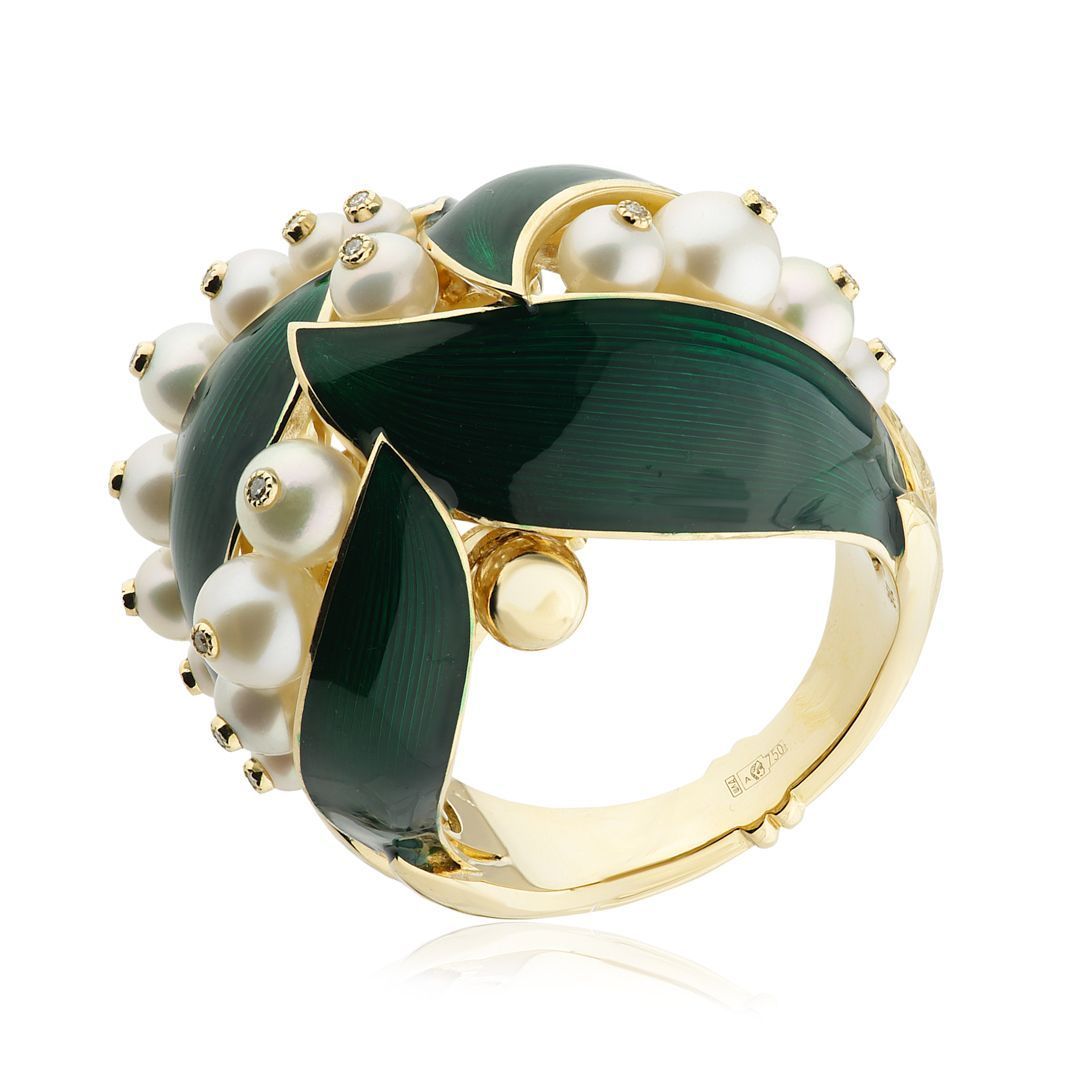 Кольцо «Ландыши» из желтого золота с жемчугом и бриллиантами