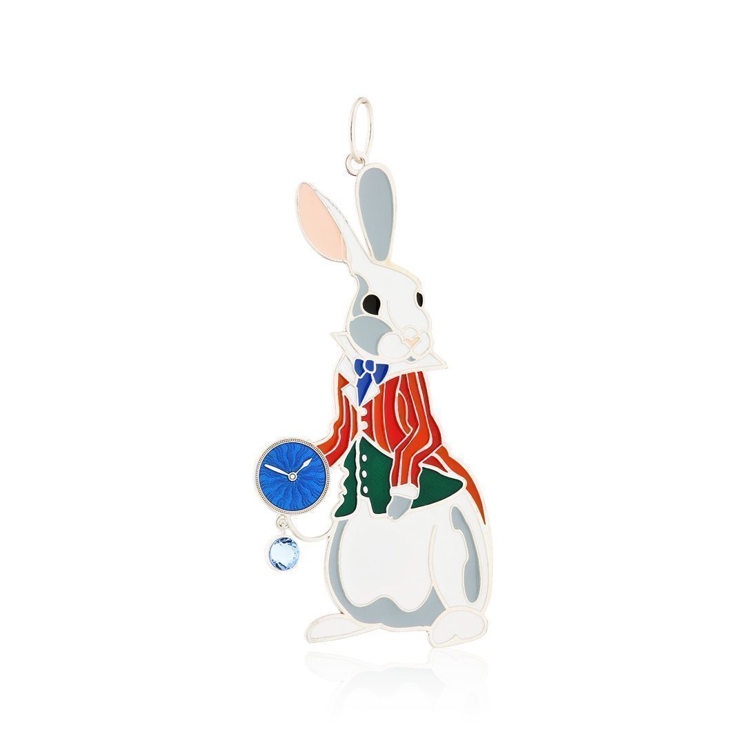 Елочная игрушка «Кролик с часами» из латуни с ювелирным стеклом