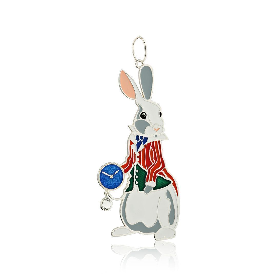 Елочная игрушка «Кролик с часами» из серебра