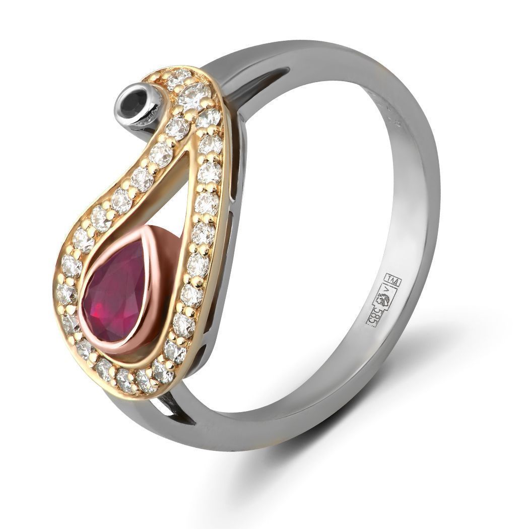 Кольцо из белого золота с бриллиантом и сапфиром и рубином